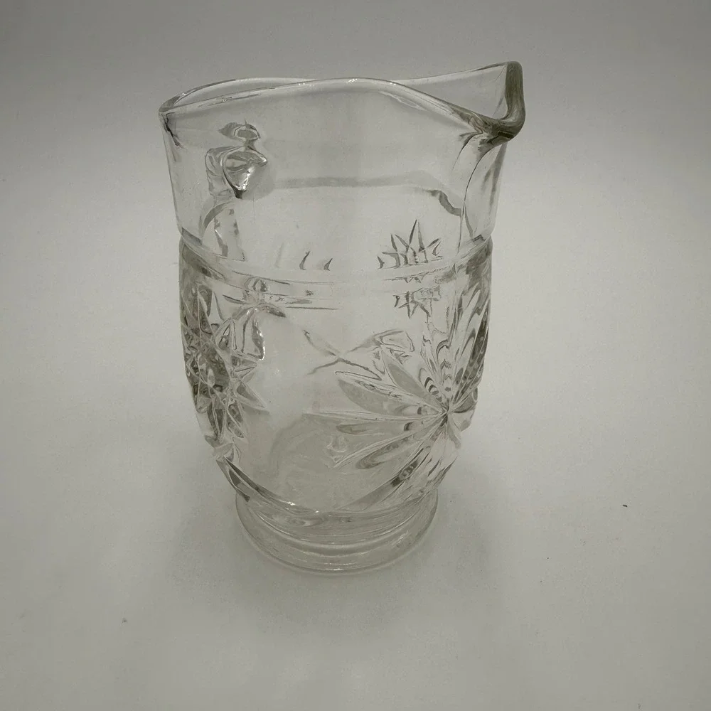 Vintage Starburst Pressed Glass Cruet with Stopper and Creamer Pitcher Set EUC‎
